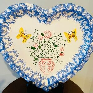 Heart Shaped spongeware plate, White Pottery heart shaped Plate